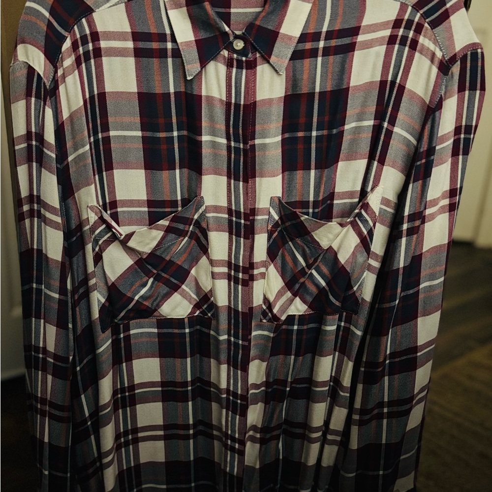 Express Red and White Casual Button Down Shirt with Plaid Design